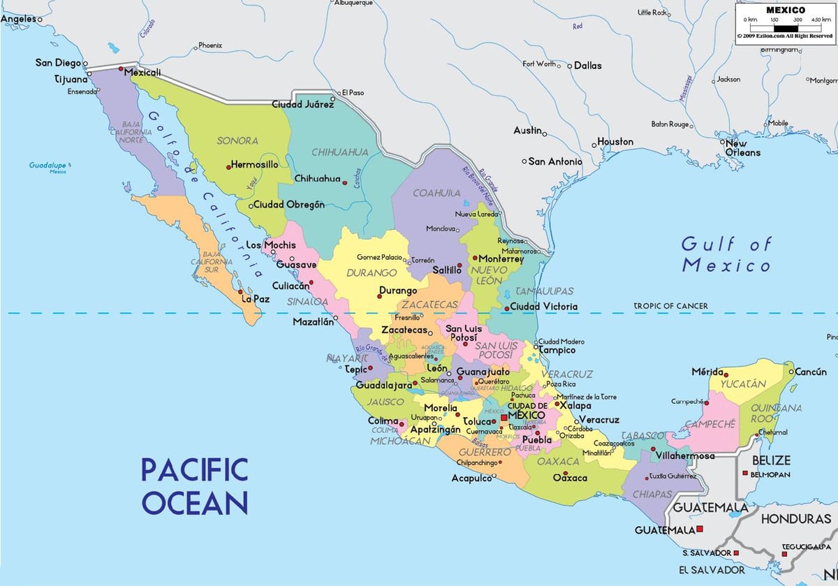 mappa del Messico con gli stati e le città