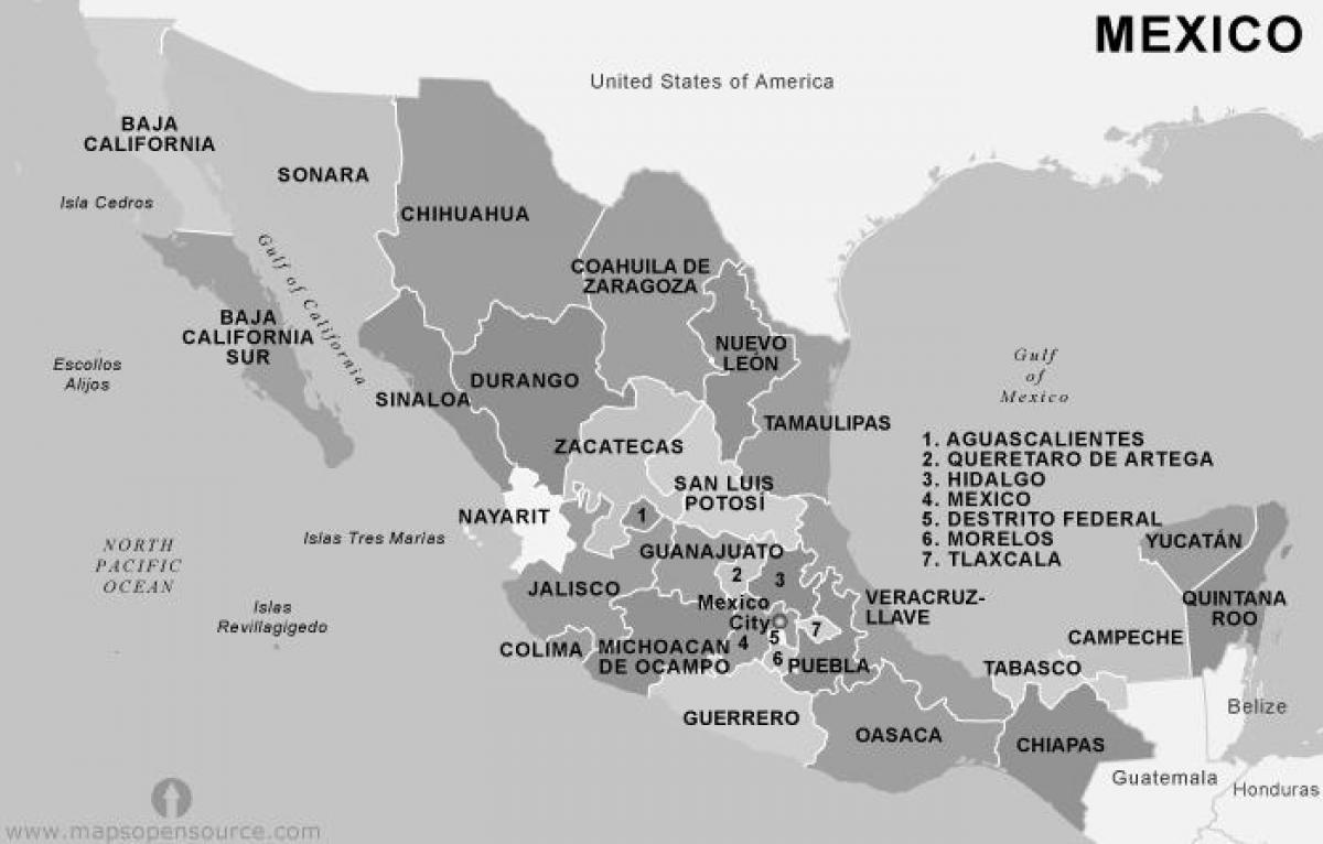 Messico mappa in bianco e nero - Mappa del Messico in bianco e nero (America Centrale America)