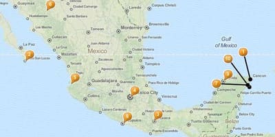 Mappa di luoghi di vacanza in Messico